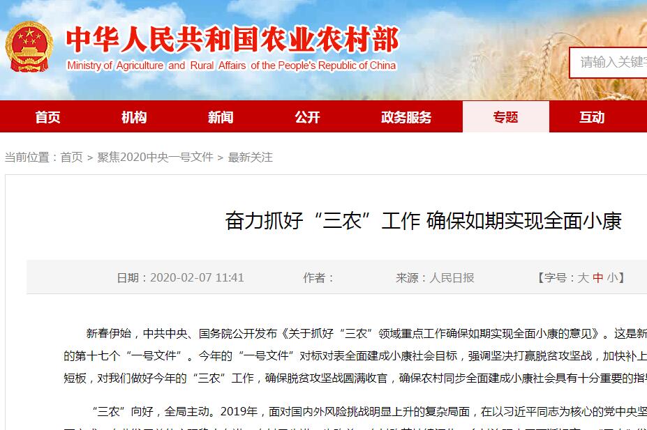 中共中央　国务院 关于抓好“三农”领域重点工作 确保如期实现全面小康的意见